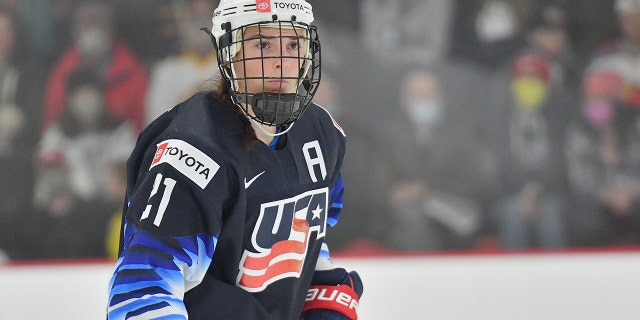 Hilary Knight #21 of the United States waits on the ice during a break in the overtime period of her team's exhibition game against the New Mexico Ice Wolves at Outpost Ice Arenas on November 08, 2021 in Albuquerque, New Mexico.