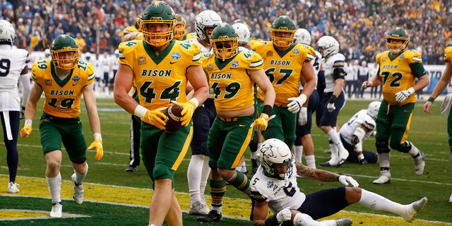 North Dakota State fullback Hunter Luepke (44) celebrates his touchdown against Montana State during the first half of the FCS Championship NCAA college football game in Frisco, Texas, Saturday, Jan. 8, 2022. 