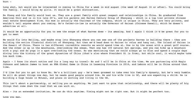 In July 2015, Fran Person invited Hunter Biden to China for a week to meet Bo Zhang and his family, noting that Bo Zhang was being "groomed to take over his family's dynasty" in China.