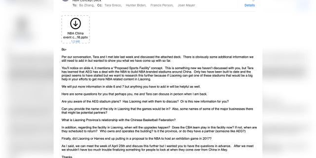 In April 2016, Eric Schwerin emailed Bo Zhang, Hunter Biden, Fran Person, and others about a potential opportunity to build a NBA stadium in China and bring more "NBA related content in Liaoning."