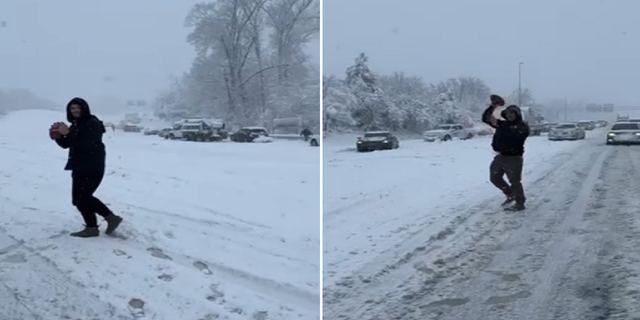 In these still images taken from a video provided to Fox News Digital by reader Brooke Midgett, two people toss a football while waiting for traffic to clear up along Interstate 95 in Virginia. "We were on our way home to North Carolina after seeing the Rams vs. Ravens in Baltimore. Should have a 6 hour trip but it took 18 hours! It was worth watching the Rams win!" she wrote.