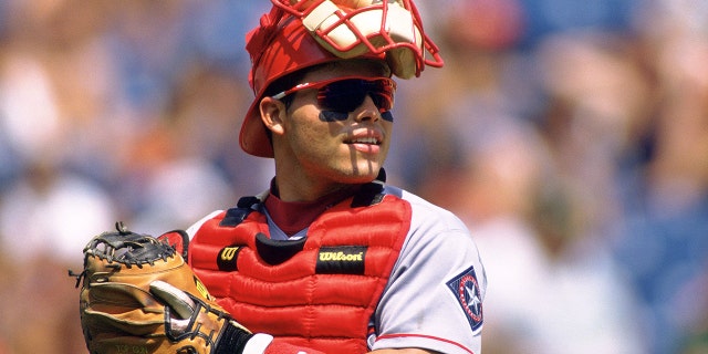 Ivan Rodriguez of the Texas Rangers looks on during an MLB game at Comiskey Park in Chicago, Illinois.