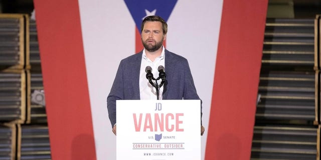 Republican Senate candidate J.D. Vance launches his 2022 campaign at an event in MIddletown, Ohio on July 1, 2021.