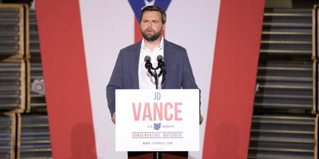 Republican Senate candidate J.D. Vance launches his 2022 campaign at an event in MIddletown, Ohio on July 1, 2021.