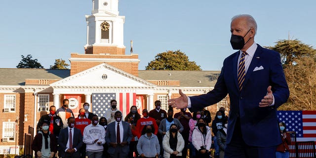 FILE PHOTO: U.S. President Joe Biden arrives to deliver remarks on voting rights during a speech on the grounds of Morehouse College and Clark Atlanta University in Atlanta, Georgia, U.S., January 11, 2022.