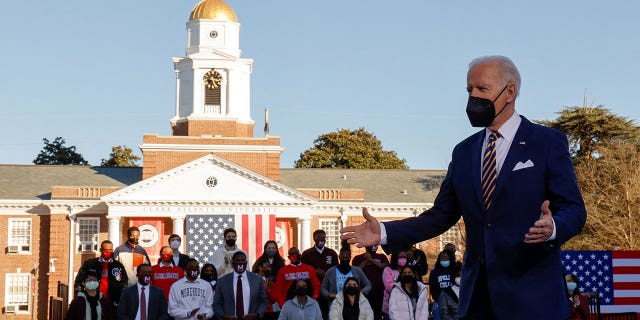 FILE PHOTO: U.S. President Joe Biden arrives to deliver remarks on voting rights during a speech on the grounds of Morehouse College and Clark Atlanta University in Atlanta, Georgia, U.S., January 11, 2022.