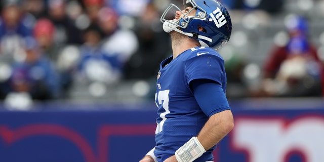 Jake Fromm of the New York Giants reacts in the second quarter in a game against the Washington Football Team at MetLife Stadium Jan. 9, 2022, in East Rutherford, N.J.