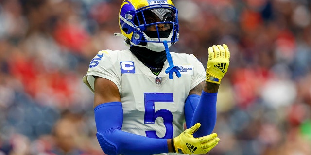 Los Angeles Rams cornerback Jalen Ramsey, #5, during a game between the Los Angeles Rams and the Houston Texans at NRG Stadium on October 31, 2021 in Houston.