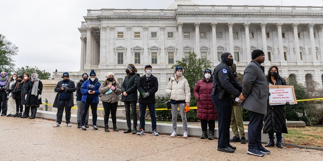 Rep. Jamaal Bowman, D-N.Y., is detained by U.S. Capitol Police while supporting voting rights protesters at the U.S. Capitol in Washington, D.C., U.S., on Thursday, Jan. 20, 2022. (Photo by Eric Lee/Bloomberg via Getty Images)