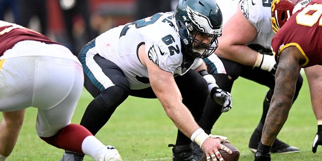 Jason Kelce of the Philadelphia Eagles gets ready to snap the ball against the Washington Football Team at FedExField in Landover, Maryland, on Jan. 2, 2022.