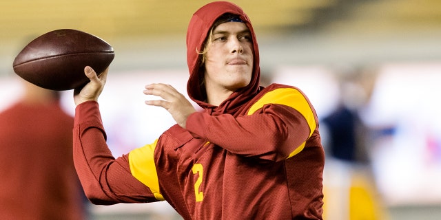 Dec 4, 2021; Berkeley, California, USA; USC Trojans quarterback Jaxson Dart (2) warms up before the game against the California Golden Bears at FTX Field at California Memorial Stadium.
