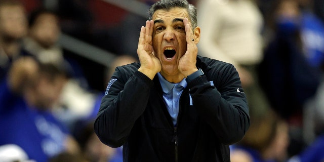 Villanova head coach Jay Wright directs his team against Seton Hall during the first half of an NCAA college basketball game Saturday, Jan. 1, 2022, in Newark, N.J.