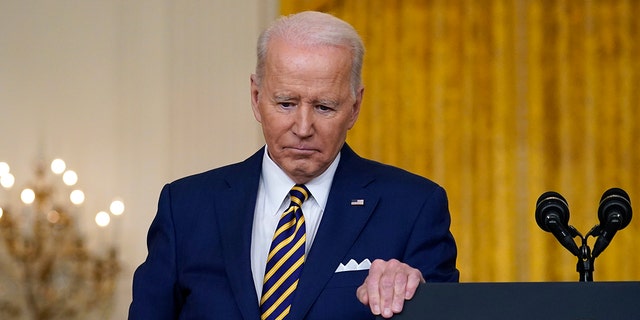 President Biden listens to a question during a news conference in the East Room of the White House in Washington, Wednesday, Jan. 19, 2022.