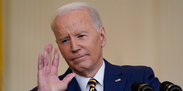 President Biden gestures as he speaks during a news conference at the White House on Jan. 19, 2022.