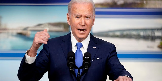 President Biden speaks about the Bipartisan Infrastructure Law at the South Court Auditorium in the Eisenhower Executive Office Building on the White House Campus in Washington, Friday, Jan. 14, 2022.