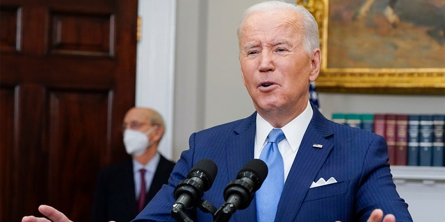 President Biden delivers remarks on the retirement of Supreme Court Associate Justice Stephen Breyer, left, in the Roosevelt Room of the White House in Washington Jan. 27, 2022. 