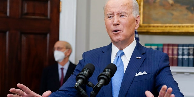 President Biden delivers remarks on the retirement of Supreme Court Associate Justice Stephen Breyer, left, in the Roosevelt Room of the White House in Washington, Thursday, Jan. 27, 2022. 