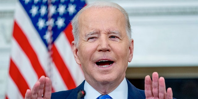 President Biden speaks during a meeting with private sector CEOs about the economy in the State Dining Room of the White House in Washington, Wednesday, Jan. 26, 2022. 