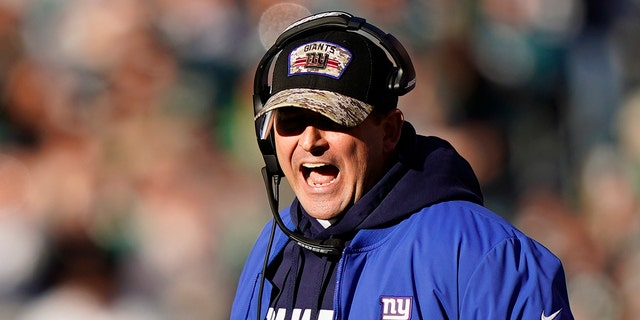 New York Giants coach Joe Judge yells during the first half against the Philadelphia Eagles Dec. 26, 2021, in Philadelphia.