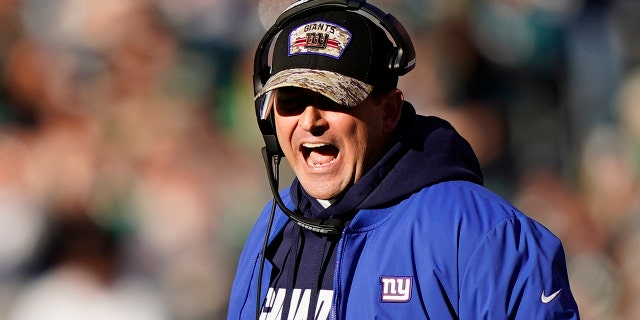 New York Giants coach Joe Judge yells during the first half against the Philadelphia Eagles Dec. 26, 2021, in Philadelphia.