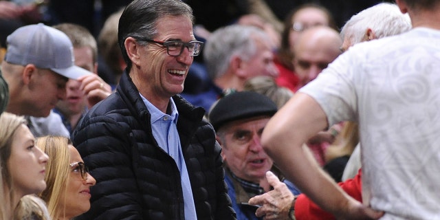 Former Gonzaga Bulldogs basketball player John Stockton has a laugh with a fan during a game against the Santa Clara Broncos in the second half at McCarthey Athletic Center in Spokane, Was., Jan. 16, 2020.