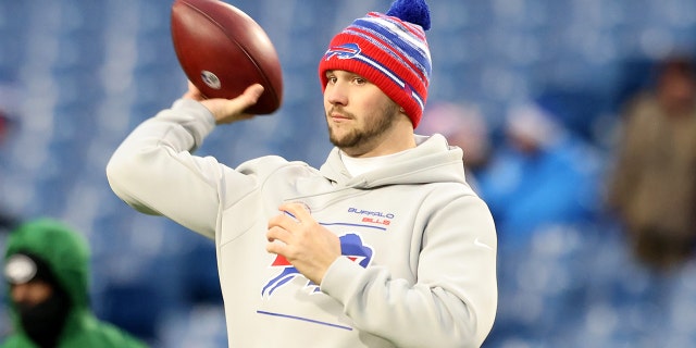 Josh Allen of the Buffalo Bills warms up prior to a game against the New York Jets at Highmark Stadium Jan. 9, 2022, in Orchard Park, N.Y.
