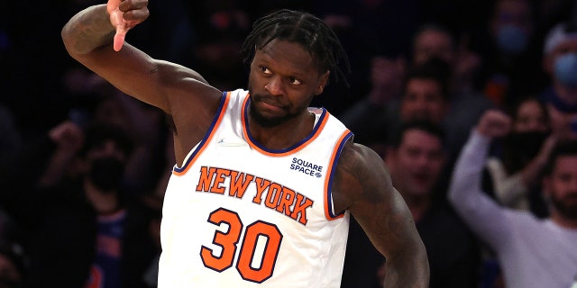 Julius Randle of the New York Knicks celebrates a basket against the Boston Celtics during a game at Madison Square Garden Jan. 6, 2022, in New York City.