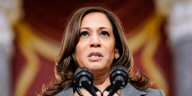 Vice President Kamala Harris speaks from Statuary Hall at the U.S. Capitol to mark one year since the Jan. 6 riot at the Capitol by supporters loyal to then-President Trump, 木曜日, 1月. 6, 2022, ワシントンで.