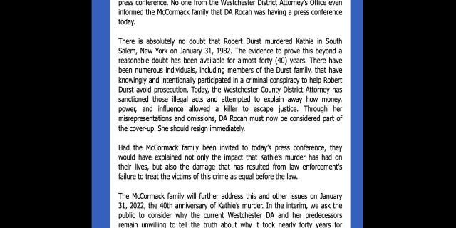 Declaración del abogado Robert Abrams en nombre de la familia de Kathie McCormack Durst
