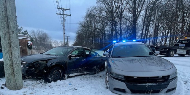 This Kentucky State Police vehicle was rear-ended Thursday afternoon while working the scene of an accident in Henderson County. (Kentucky State Police)