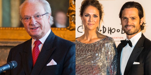 King Carl XVI Gustaf of Sweden (left) took royal titles away from his grandchildren from his youngest two children, Princess Madeleine (center) and Prince Carl Philip (right).