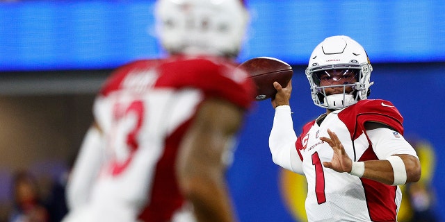 Kyler Murray, #1 of the Arizona Cardinals, throws a pass against the Los Angeles Rams during the third quarter in the NFC Wild Card Playoff game at SoFi Stadium on January 17, 2022 in Inglewood, California.
