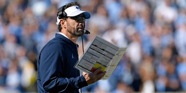 Head coach Larry Fedora of the North Carolina Tar Heels directs his team against the Georgia Tech Yellow Jackets during a game at Kenan Stadium Nov. 3, 2018, in Chapel Hill, N.C.