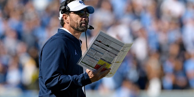 Head coach Larry Fedora of the North Carolina Tar Heels directs his team against the Georgia Tech Yellow Jackets during a game at Kenan Stadium Nov. 3, 2018, in Chapel Hill, N.C.