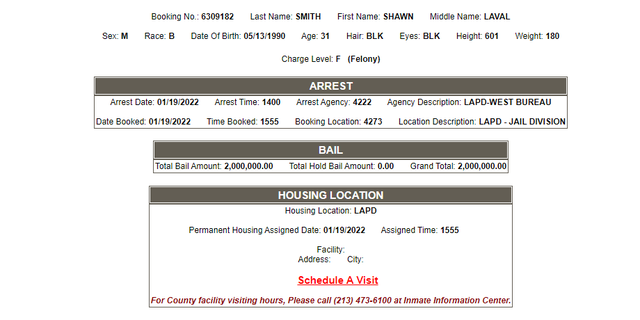 County records show Smith's $2 million bail in an LA jail.