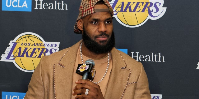 LeBron James of the Los Angeles Lakers talks to the press after the game against the Sacramento Kings on Jan. 4, 2022, at Staples Center in Los Angeles, California.