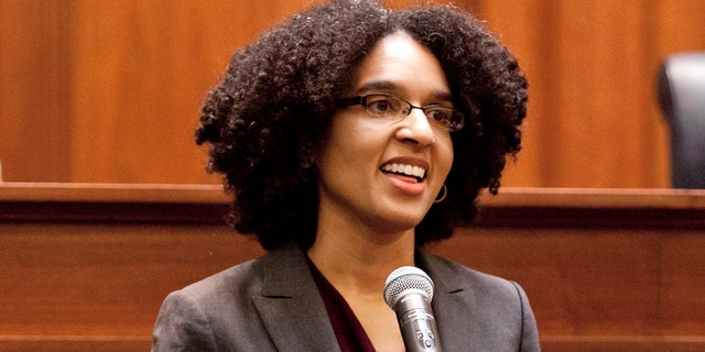 FILE - In this Dec. 22, 2014 file photo Leondra Kruger addresses the Commission of Judicial Appointments during her confirmation hearing to the California Supreme Court in San Francisco. 