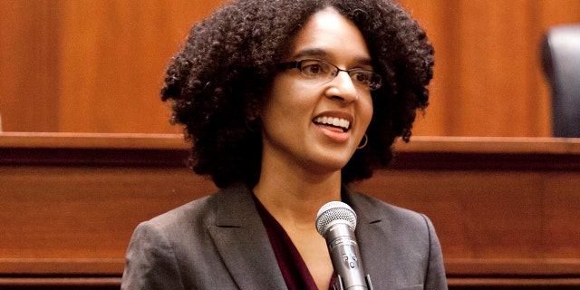 FILE - In this Dec. 22, 2014 file photo Leondra Kruger addresses the Commission of Judicial Appointments during her confirmation hearing to the California Supreme Court in San Francisco.