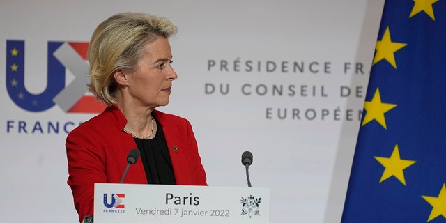 European Commission President Ursula von der Leyen listens to questions from journalists as she participates in a media conference with French President Emmanuel Macron after a meeting at the Elysee Palace in Paris Jan. 7, 2022. 