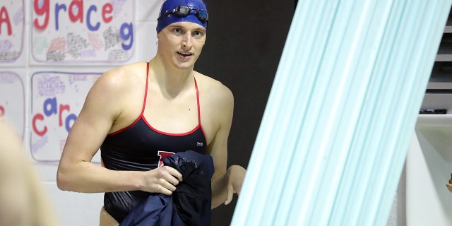 Lia Thomas of the Pennsylvania Quakers after competing in a freestyle event during a tri-meet against the Yale Bulldogs and the Dartmouth Big Green at Sheerr Pool on the campus of the University of Pennsylvania on January 8, 2022 in Philadelphia, Pennsylvania.