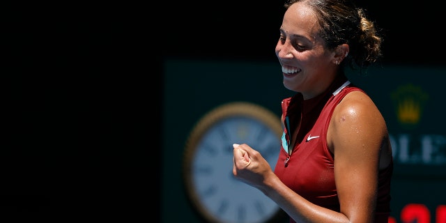 Madison Keys of the U.S. celebrates after defeating Barbora Krejcikova of the Czech Republic in their quarterfinal at the Australian Open tennis championships in Melbourne, Australia, Tuesday, Jan. 25, 2022.