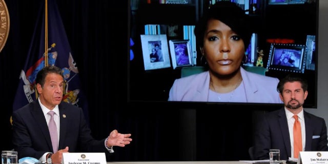New York Governor Andrew Cuomo speaks as he is accompanied by video conference by Atlanta Mayor Keisha Lance Bottoms, during the governor's daily briefing following the outbreak of coronavirus (COVID-19) in Manhattan, New York City on July 13, 2020. right is Jim Malatras, president of SUNY Empire State College. Malatras officially resigned on January 14th. REUTERS / Mike Segar (REUTERS / Mike Segar)