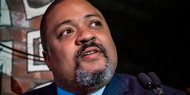 FILE - Alvin Bragg, Manhattan District Attorney, speaks with supporters on election night in New York, Tuesday, Nov. 2, 2021. 