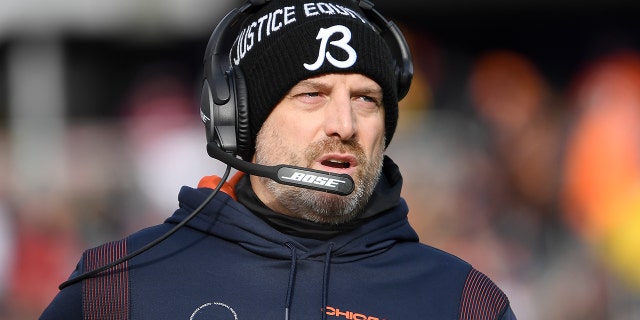 Matt Nagy reacts during the New York Giants game at Soldier Field on Jan. 2, 2022, in Chicago.