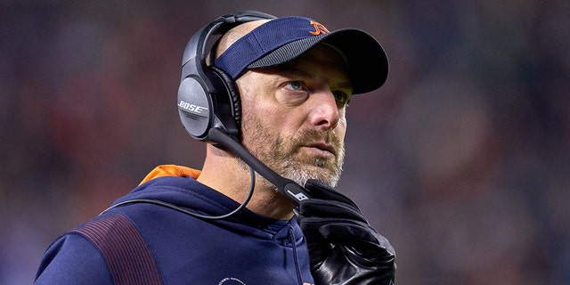 Matt Nagy looks on during a game between the Bears and the Minnesota Vikings on Dec. 20, 2021, at Soldier Field in Chicago.