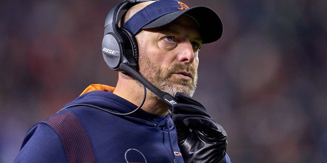 Matt Nagy looks on during a game between the Bears and the Minnesota Vikings on Dec. 20, 2021, at Soldier Field in Chicago.