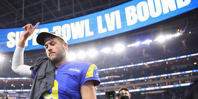 Matthew Stafford #9 of the Los Angeles Rams reacts after defeating the San Francisco 49ers in the NFC Championship Game at SoFi Stadium on January 30, 2022 in Inglewood, California. The Rams defeated the 49ers 20-17.