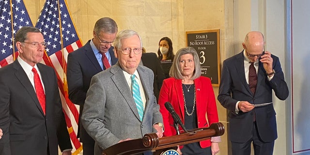 Senate Minority Leader Mitch McConnell, R-Ky., discusses Democrats proposed filibuster changes at a press conference in the Russell Senate Office Building on Jan. 11, 2022. (Tyler Olson/Fox News)