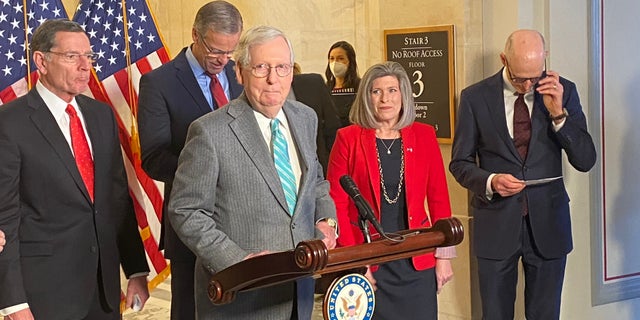 Senate Minority Leader Mitch McConnell, R-Ky., discusses Democrats proposed filibuster changes at a press conference in the Russell Senate Office Building on Jan. 11, 2022. (Tyler Olson/Fox News)