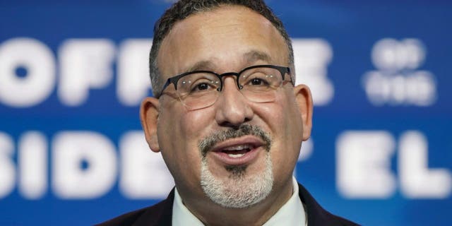 Miguel Cardona speaks after President-elect Joe Biden announced him as his nominee for education secretary on Dec. 23, 2020, in Wilmington, Delaware. (Joshua Roberts/Getty Images)